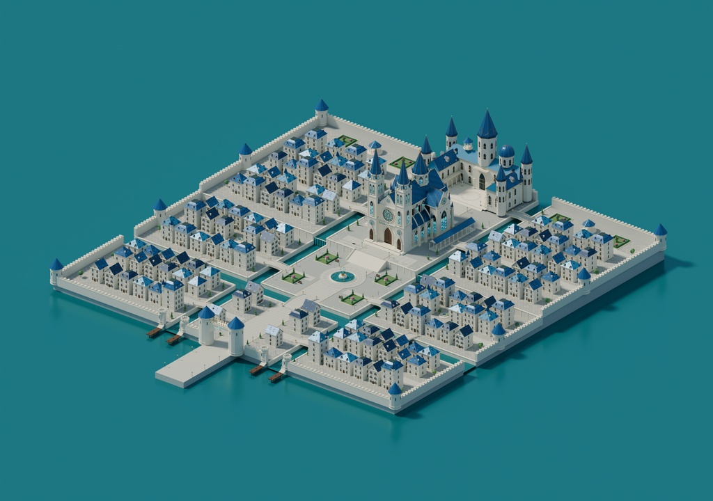 【3D背景】王都アウレリア|白い石造りと青い屋根のファンタジー都市【FBX / blend・商用利用可】