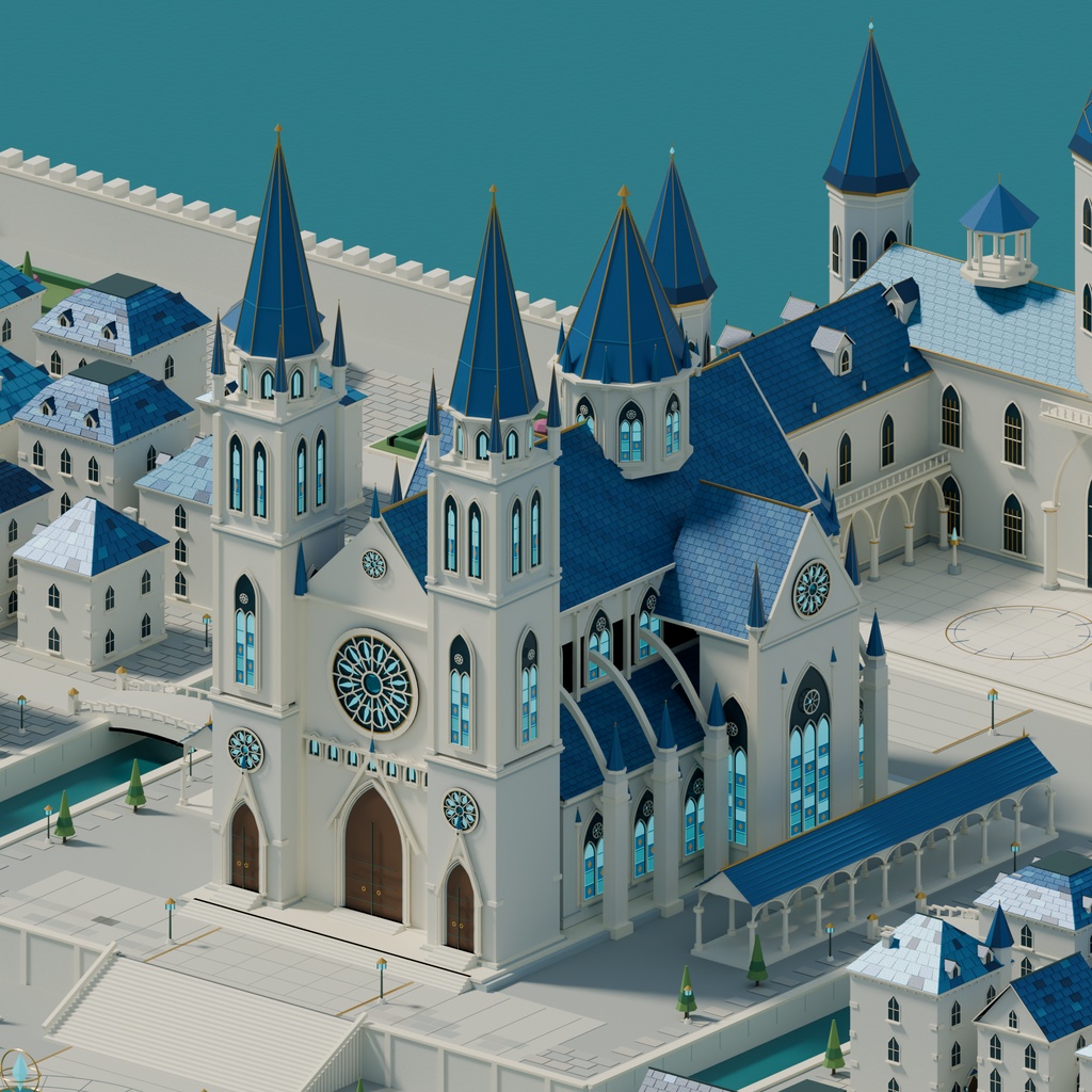 【3D背景】王都アウレリア|白い石造りと青い屋根のファンタジー都市【FBX / blend・商用利用可】