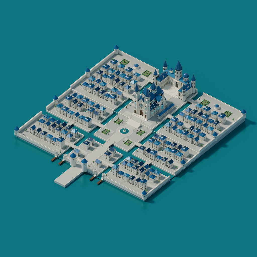 【3D背景】王都アウレリア|白い石造りと青い屋根のファンタジー都市【FBX / blend・商用利用可】