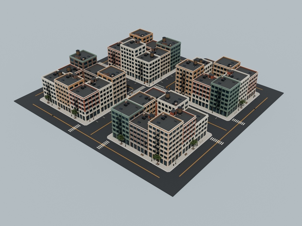 【3D】ニューヨーク風の街並み・4街区32棟【Blender / FBX】