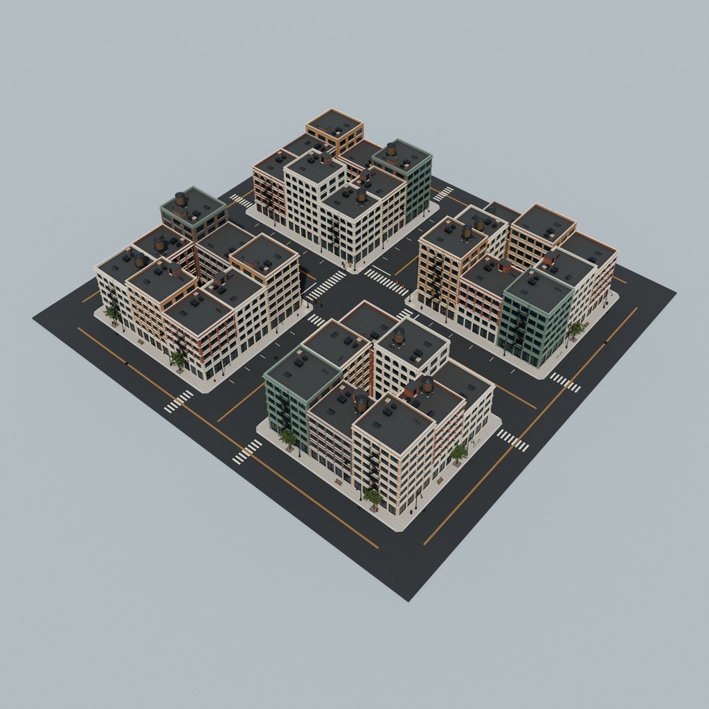 【3D】ニューヨーク風の街並み・4街区32棟【Blender / FBX】
