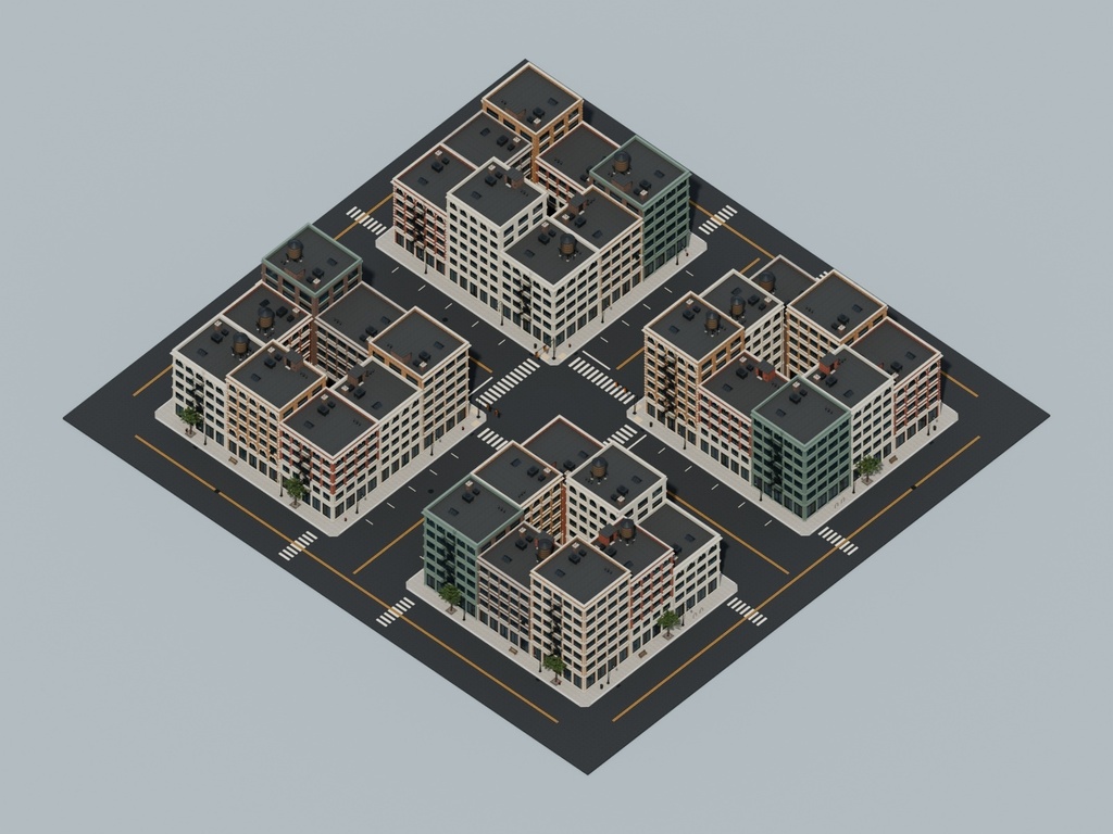 【3D】ニューヨーク風の街並み・4街区32棟【Blender / FBX】