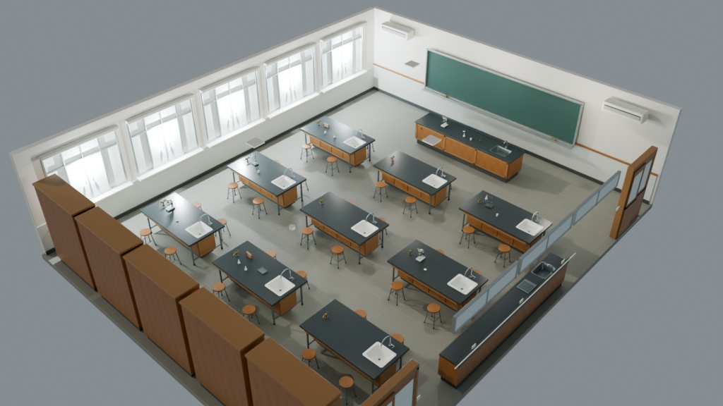 理科室 内装 3Dモデル|実験台・備品付き|FBX