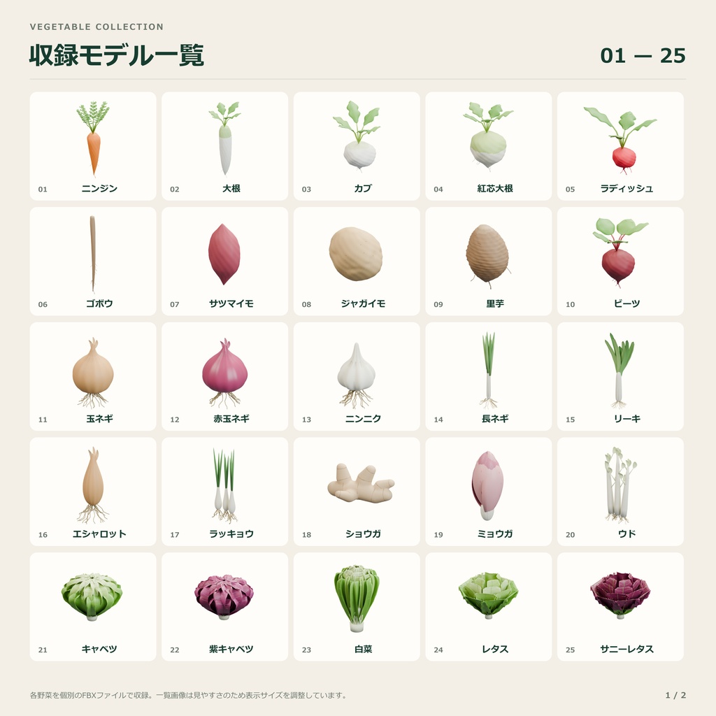 【商用利用可】野菜3Dモデル50点セット|FBX|改変OK