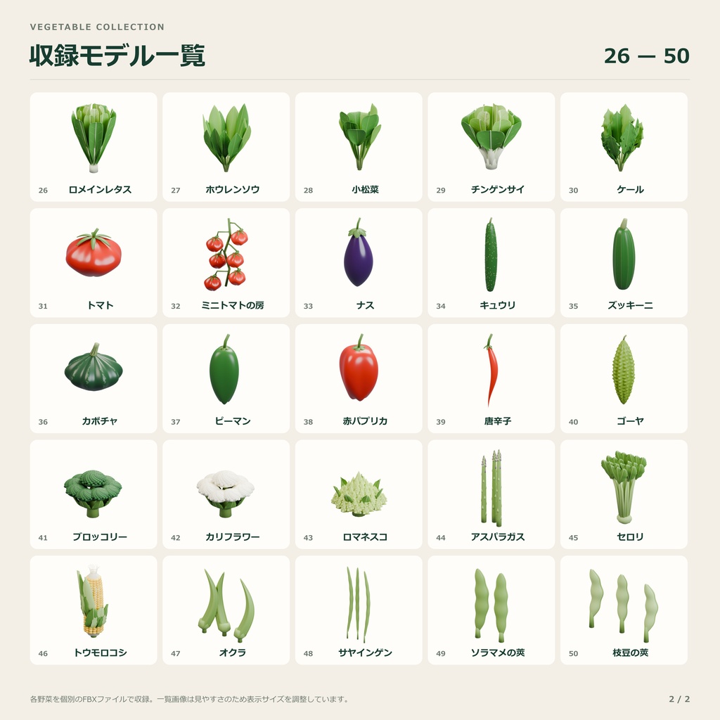 【商用利用可】野菜3Dモデル50点セット|FBX|改変OK