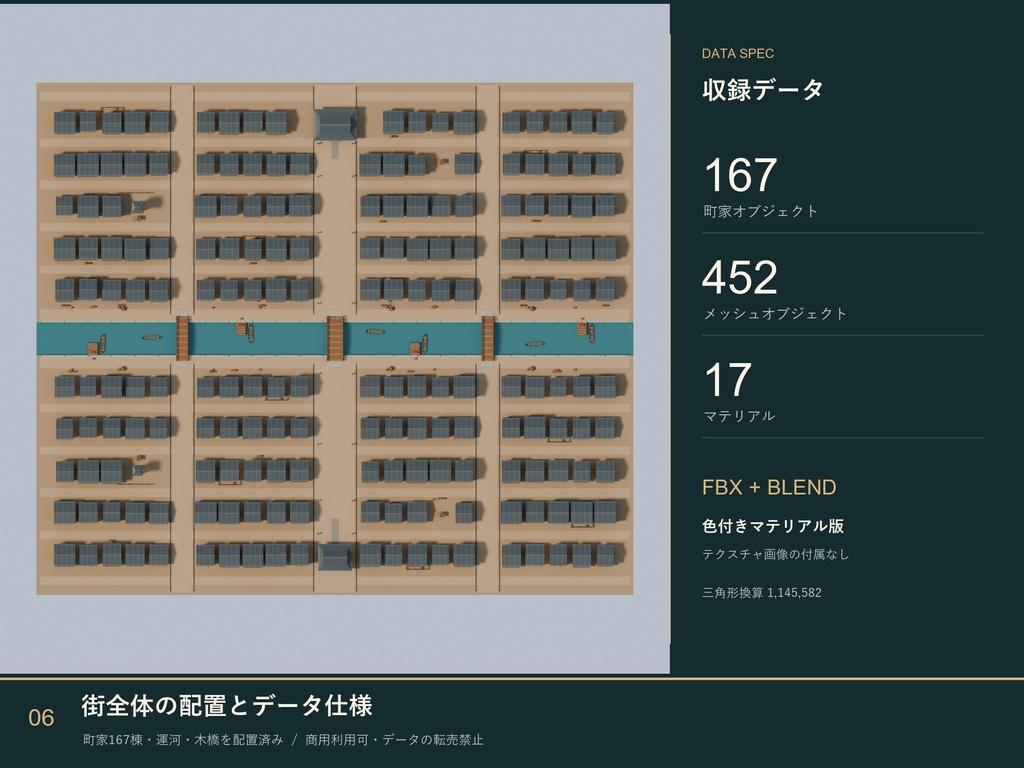 【商用利用可】大規模な江戸の街並み|町家167棟・運河・木橋|3D背景モデル/FBX・BLEND