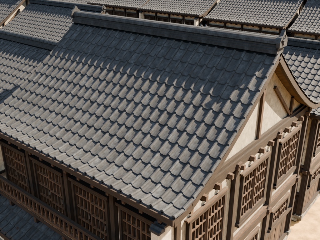 江戸風商家街 240棟|瓦・木組みまで作り込んだ街並み3Dモデル【BLEND / FBX】