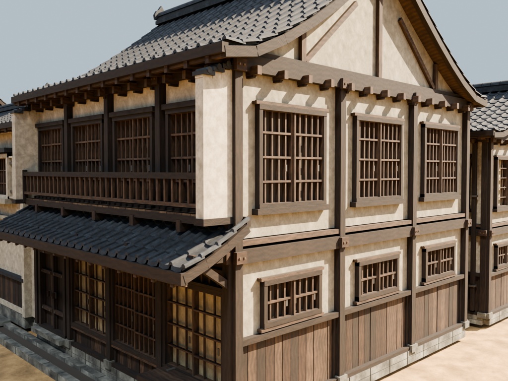 江戸風商家街 240棟|瓦・木組みまで作り込んだ街並み3Dモデル【BLEND / FBX】
