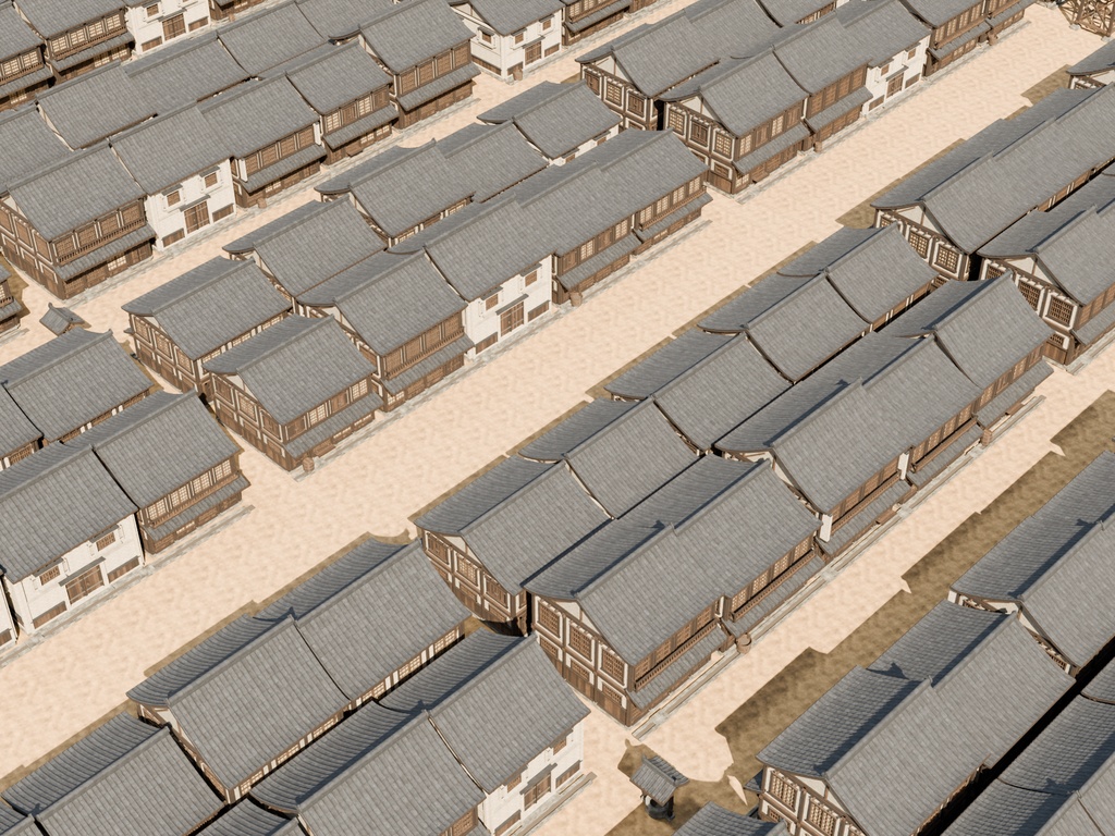 江戸風商家街 240棟|瓦・木組みまで作り込んだ街並み3Dモデル【BLEND / FBX】