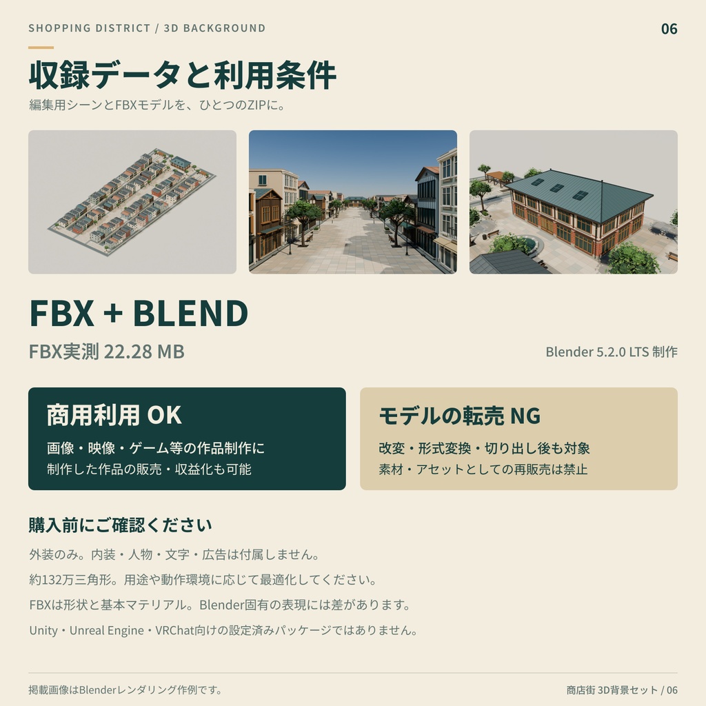 商店街 3D背景セット|84店舗・市場館・庭園広場【FBX/Blender】