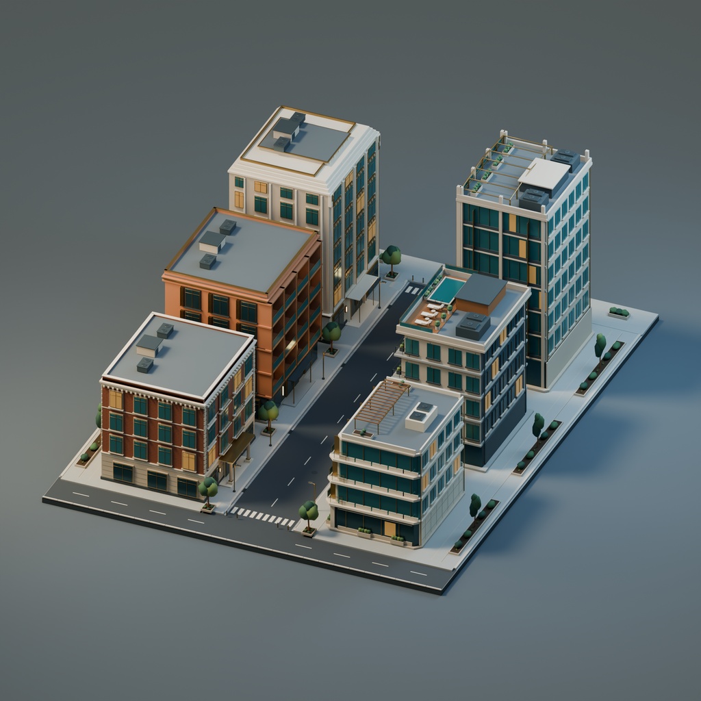 【期間限定価格】3D静かなホテル街|外観背景モデル・6棟セット|FBX / Blender