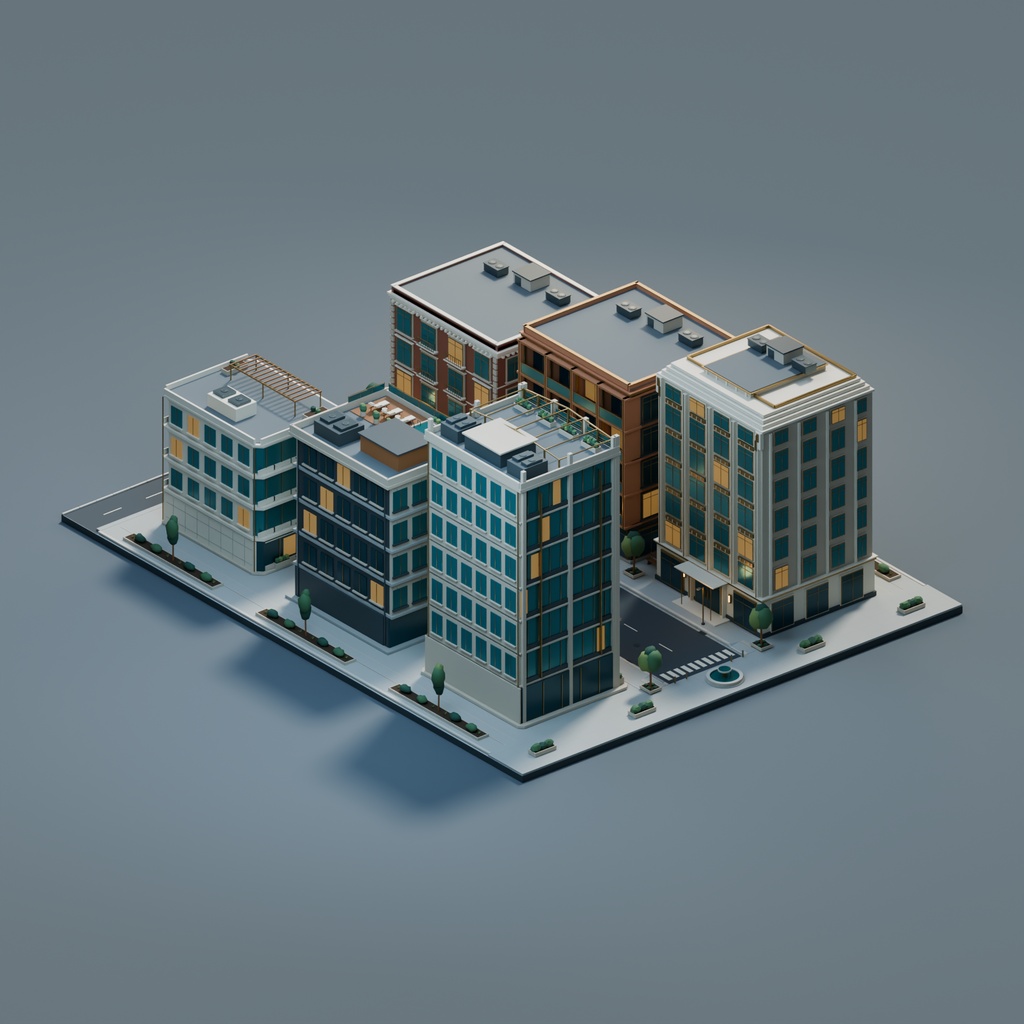 【期間限定価格】3D静かなホテル街|外観背景モデル・6棟セット|FBX / Blender