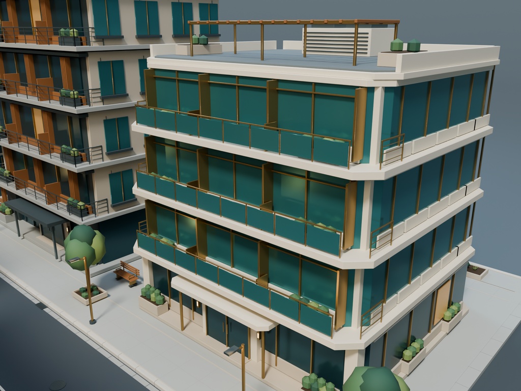 【期間限定価格】3D静かなホテル街|外観背景モデル・6棟セット|FBX / Blender