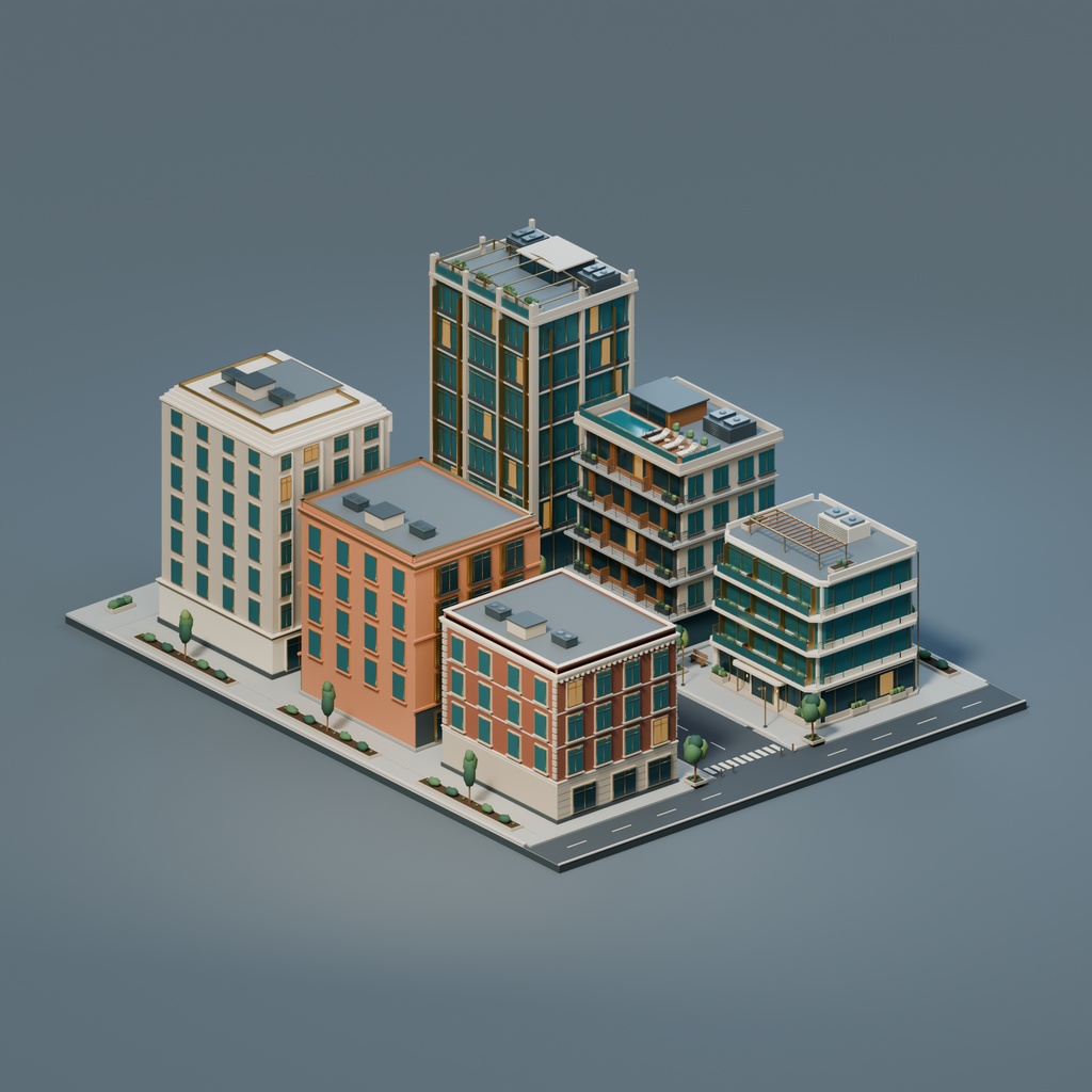 【期間限定価格】3D静かなホテル街|外観背景モデル・6棟セット|FBX / Blender