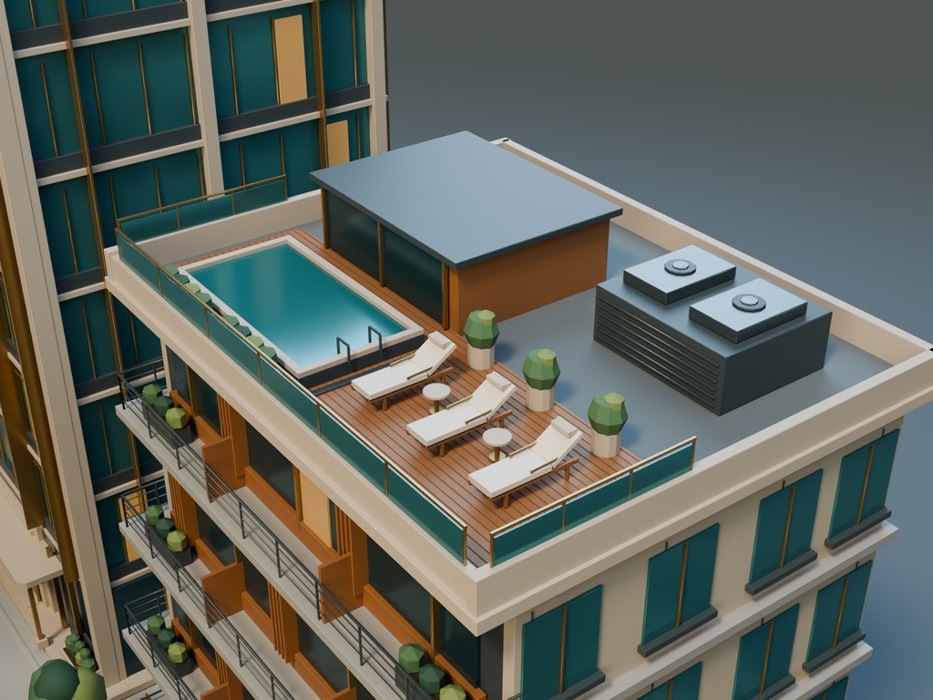 【期間限定価格】3D静かなホテル街|外観背景モデル・6棟セット|FBX / Blender