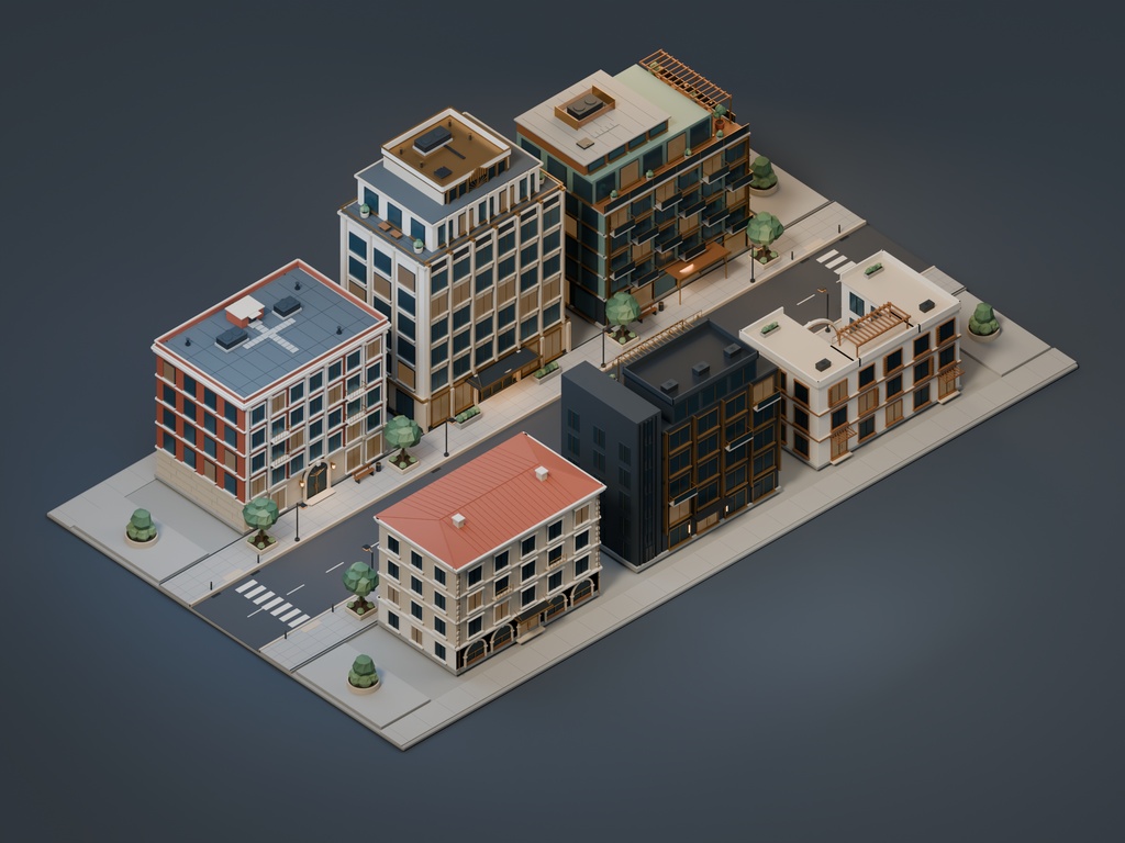 【期間限定価格】3D静寂のホテル街|6棟の外観3Dモデル|FBX・Blender|商用利用可
