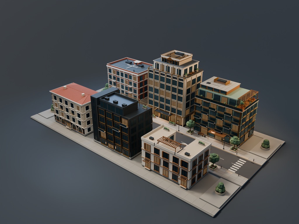 【期間限定価格】3D静寂のホテル街|6棟の外観3Dモデル|FBX・Blender|商用利用可