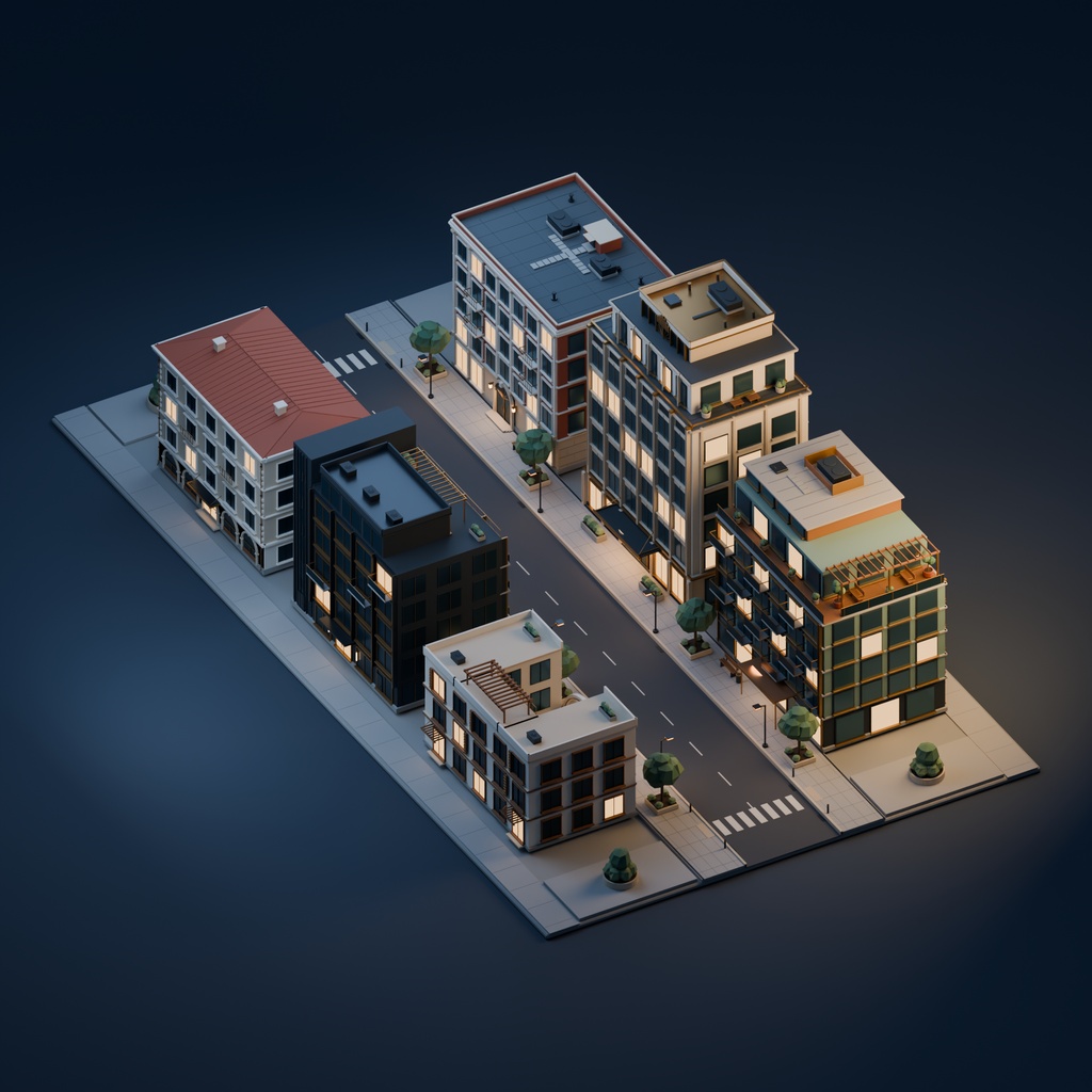 【期間限定価格】3D静寂のホテル街|6棟の外観3Dモデル|FBX・Blender|商用利用可