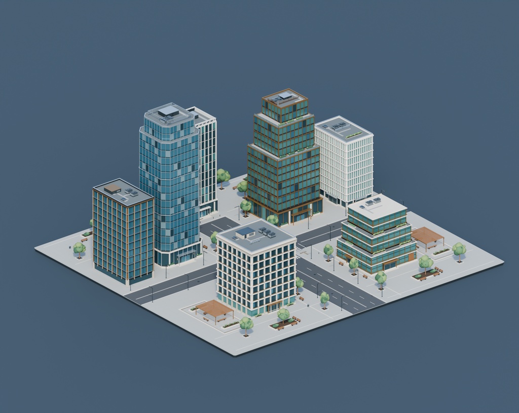 【期間限定価格】現代オフィス街 軽量3D背景|商用利用可|FBX・BLEND