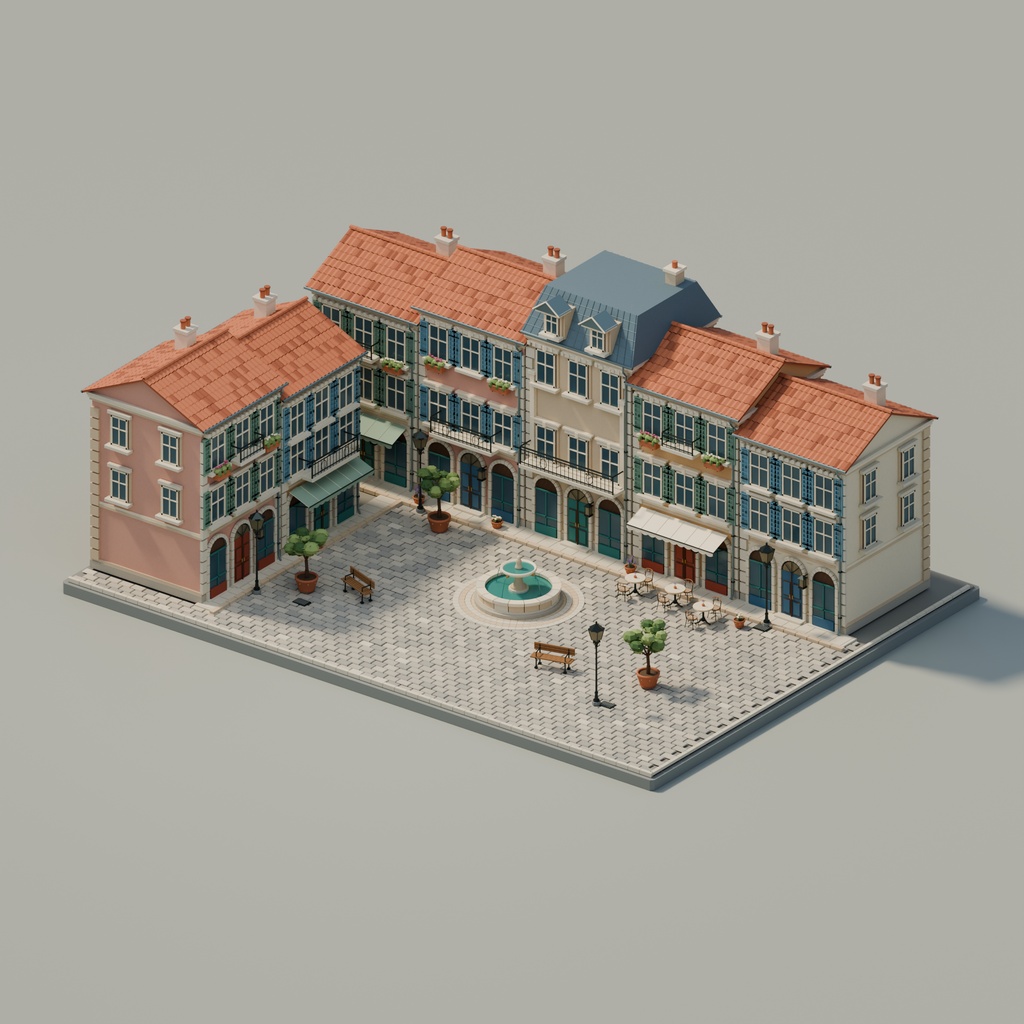 【期間限定価格】3Dフランスの小広場|外装3D街並みblender