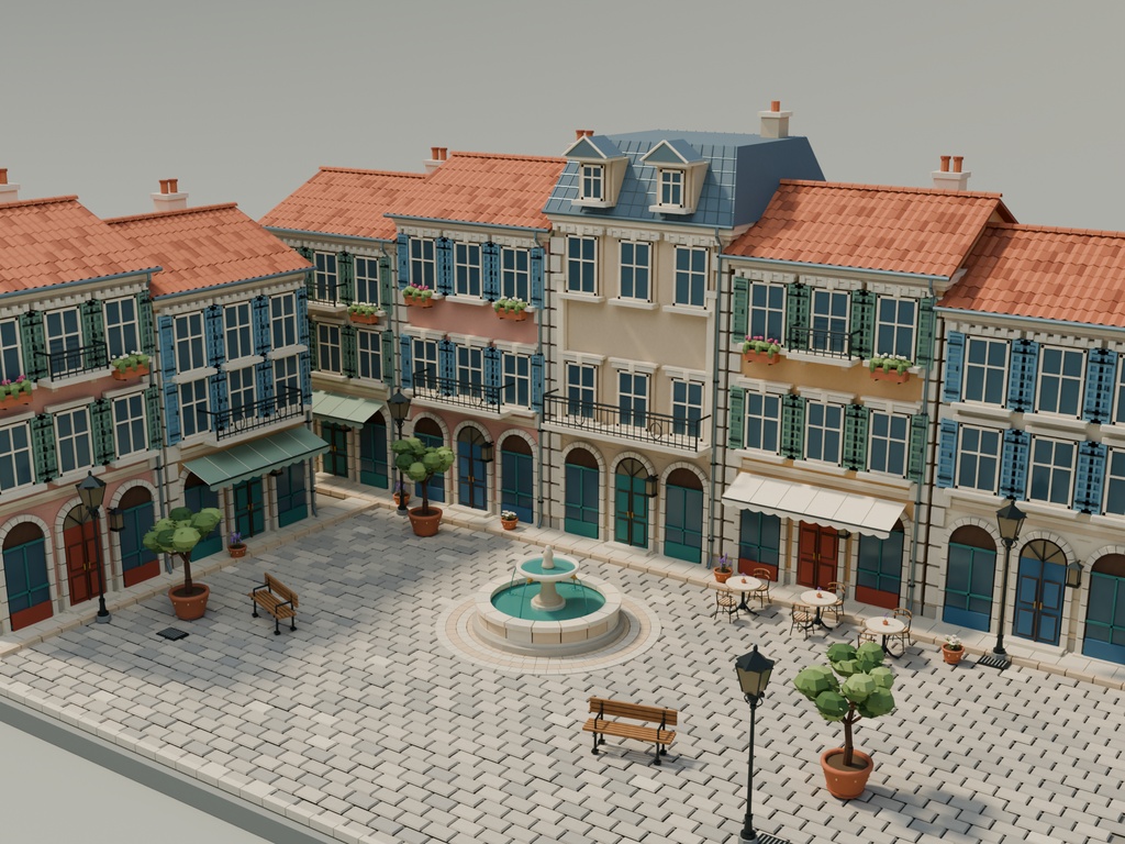【期間限定価格】3Dフランスの小広場|外装3D街並みblender