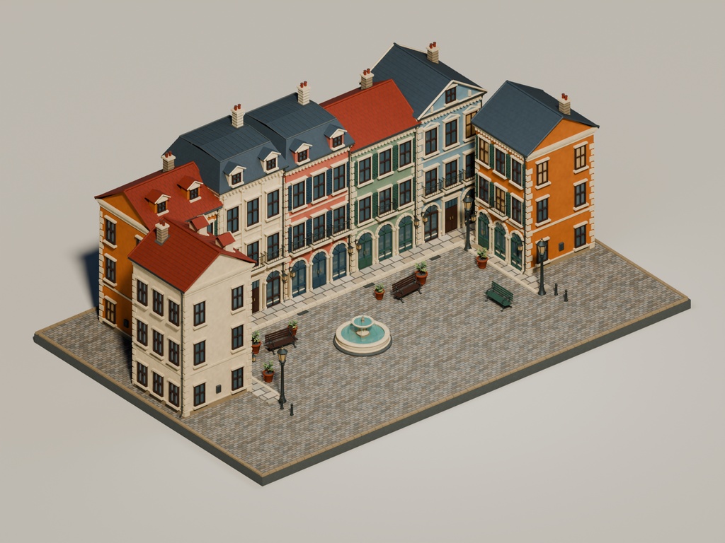 【期間限定価格】3D石畳の欧州広場 背景素材FBX blender