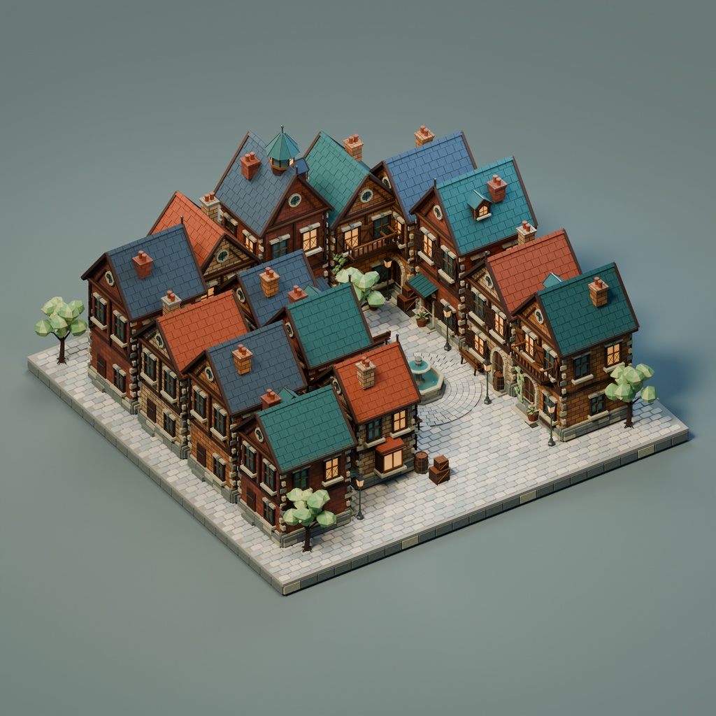 【期間限定価格】3D灯りの石畳街| ファンタジー街並み 3D背景素材