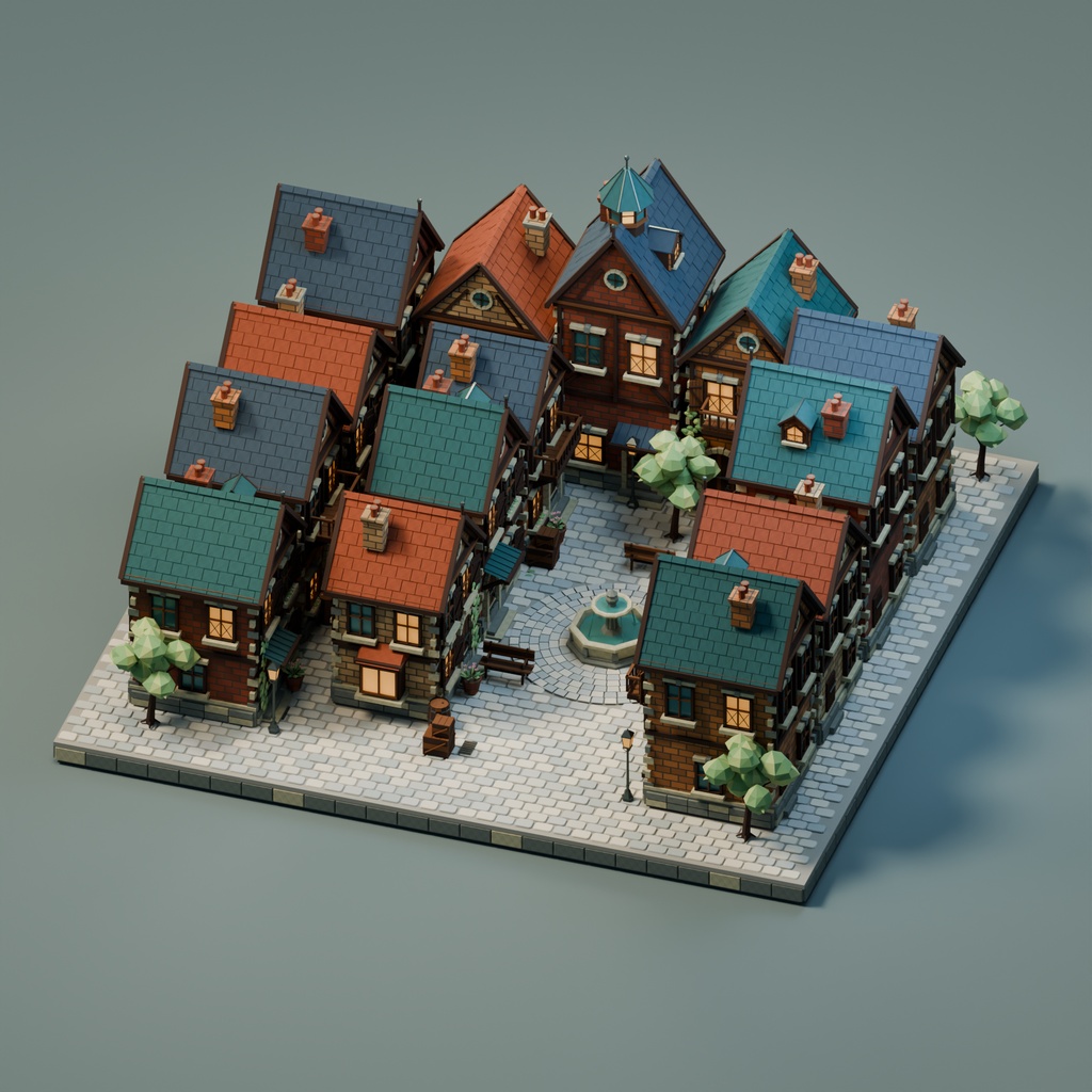 【期間限定価格】3D灯りの石畳街| ファンタジー街並み 3D背景素材