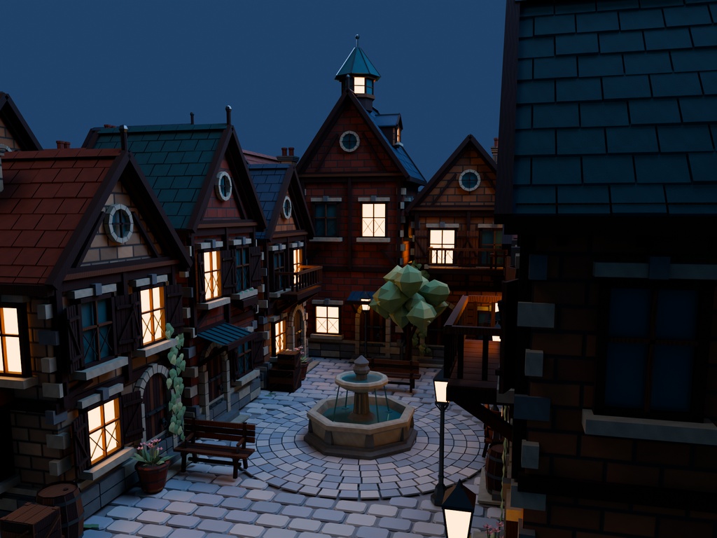 【期間限定価格】3D灯りの石畳街| ファンタジー街並み 3D背景素材