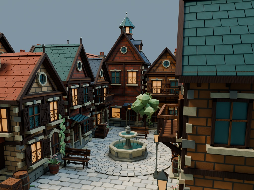 【期間限定価格】3D灯りの石畳街| ファンタジー街並み 3D背景素材