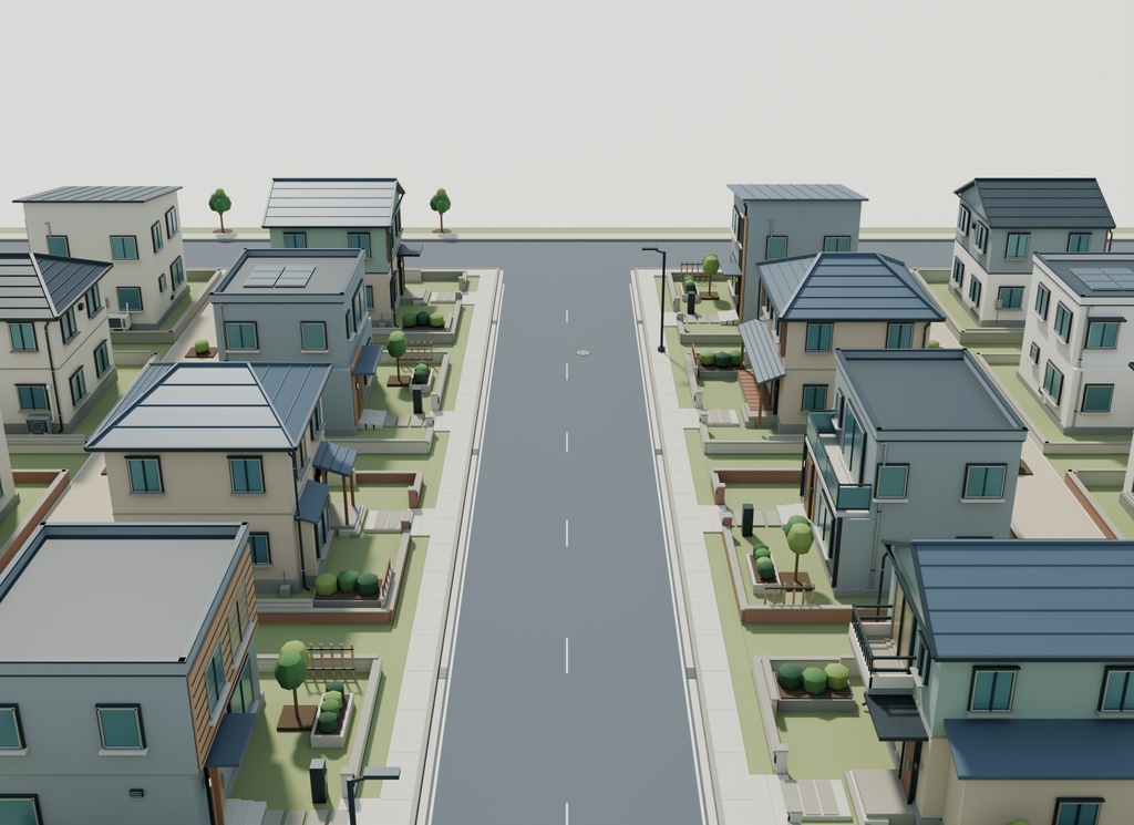 【期間限定価格】3Dこもれび住宅街|住宅50棟 3D背景セットblender