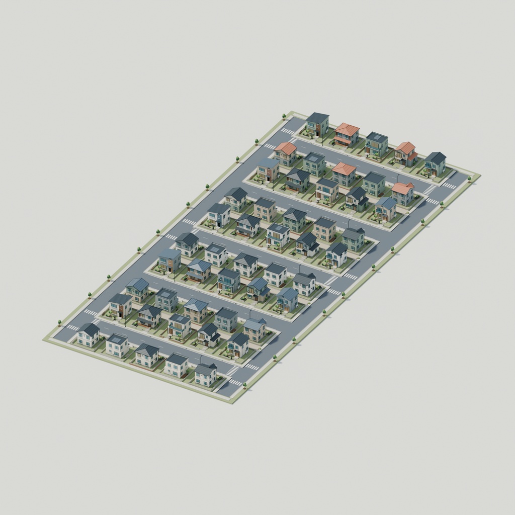 【期間限定価格】3Dこもれび住宅街|住宅50棟 3D背景セットblender