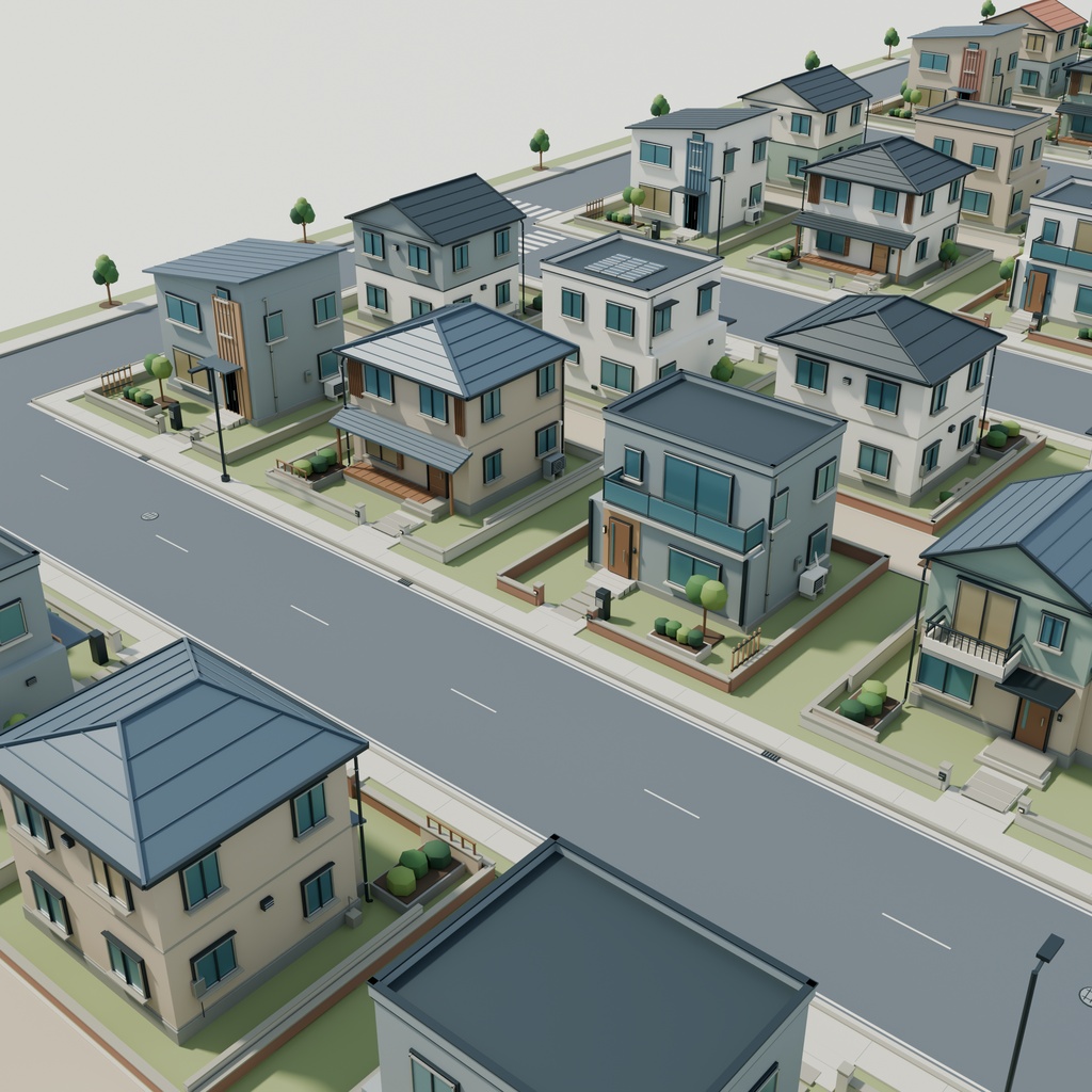 【期間限定価格】3Dこもれび住宅街|住宅50棟 3D背景セットblender