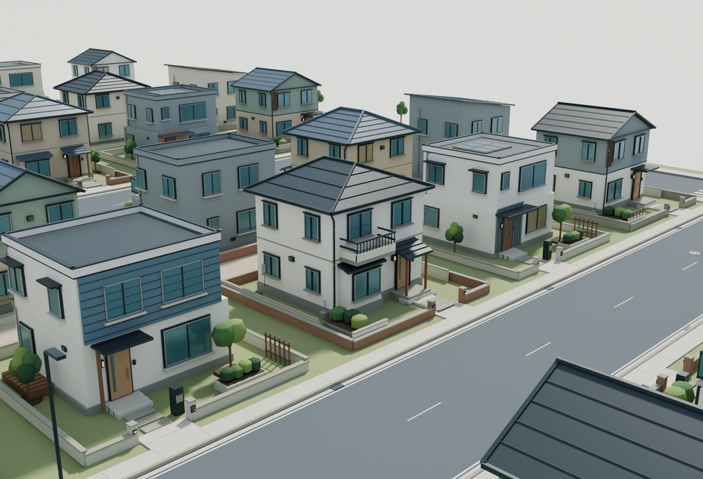 【期間限定価格】3Dこもれび住宅街|住宅50棟 3D背景セットblender