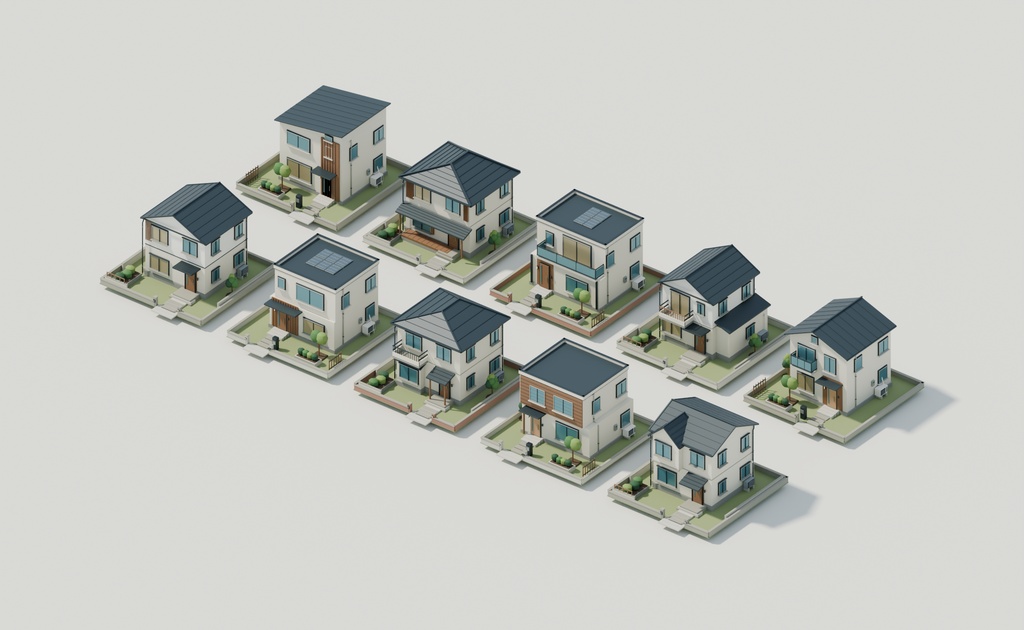 【期間限定価格】3Dこもれび住宅街|住宅50棟 3D背景セットblender