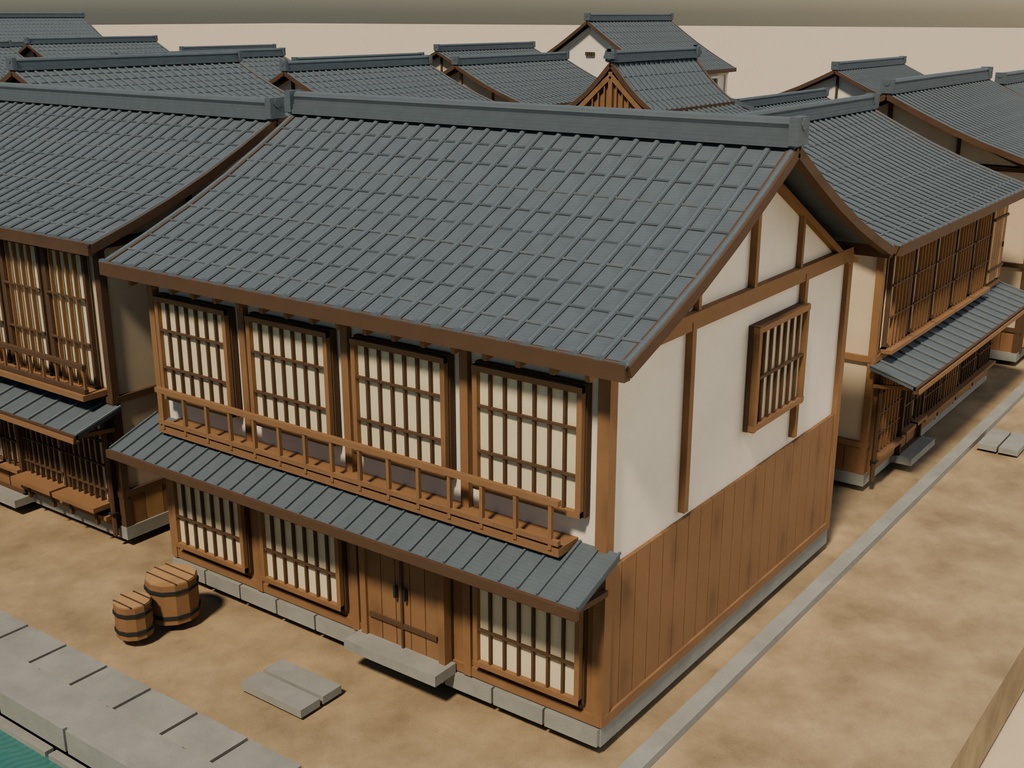 【期間限定価格】3D江戸の街並み100棟|運河と町家の外装背景セットblender FBX
