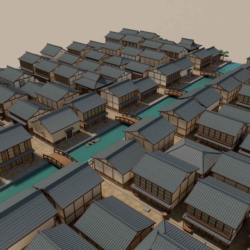 【期間限定価格】3D江戸の街並み100棟|運河と町家の外装背景セットblender FBX
