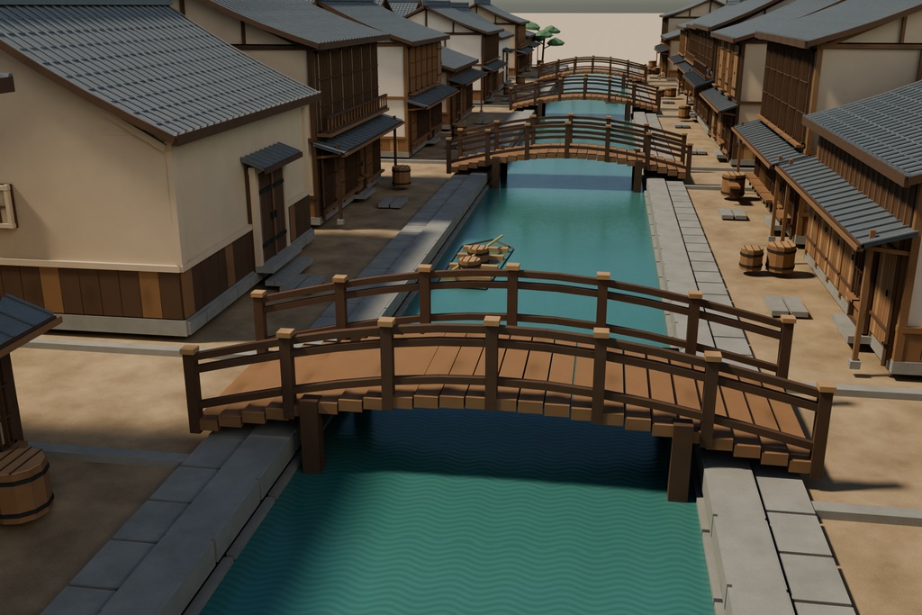 【期間限定価格】3D江戸の街並み100棟|運河と町家の外装背景セットblender FBX