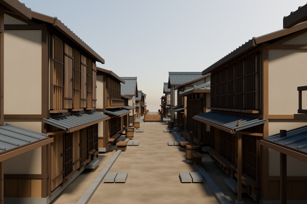 【期間限定価格】3D江戸の街並み100棟|運河と町家の外装背景セットblender FBX