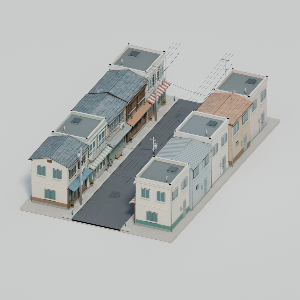 【期間限定価格】商店街外観3D背景セット【FBX・Blender/商用利用可】