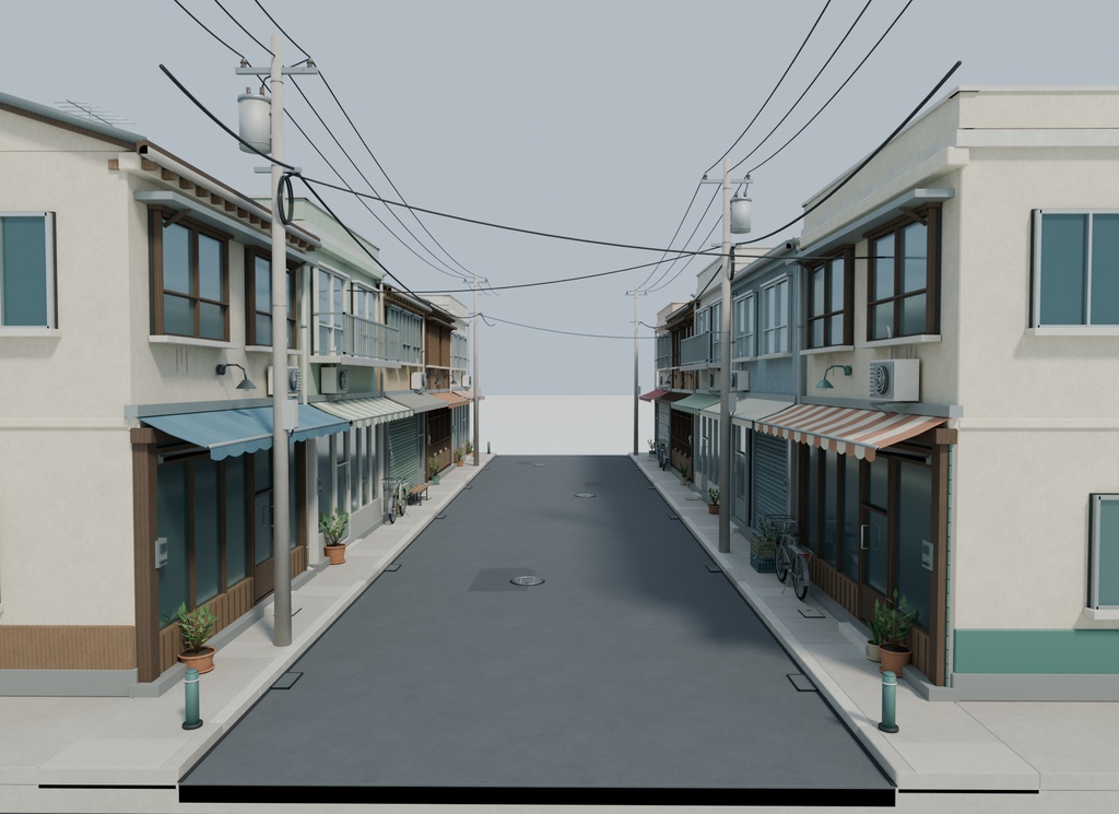 【期間限定価格】商店街外観3D背景セット【FBX・Blender/商用利用可】