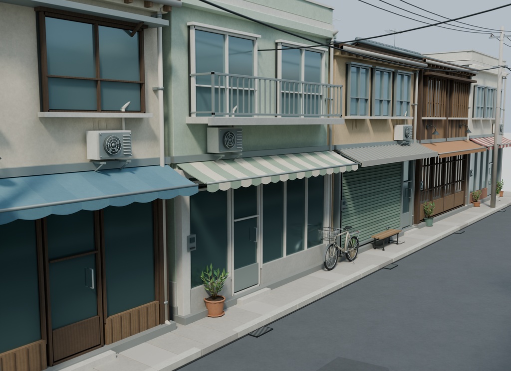 【期間限定価格】商店街外観3D背景セット【FBX・Blender/商用利用可】