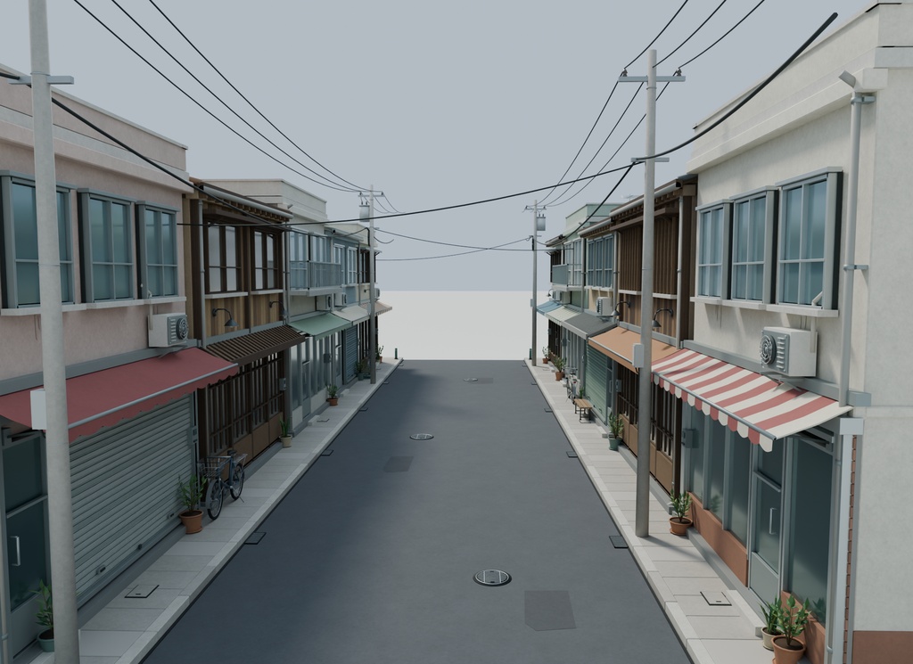 【期間限定価格】商店街外観3D背景セット【FBX・Blender/商用利用可】