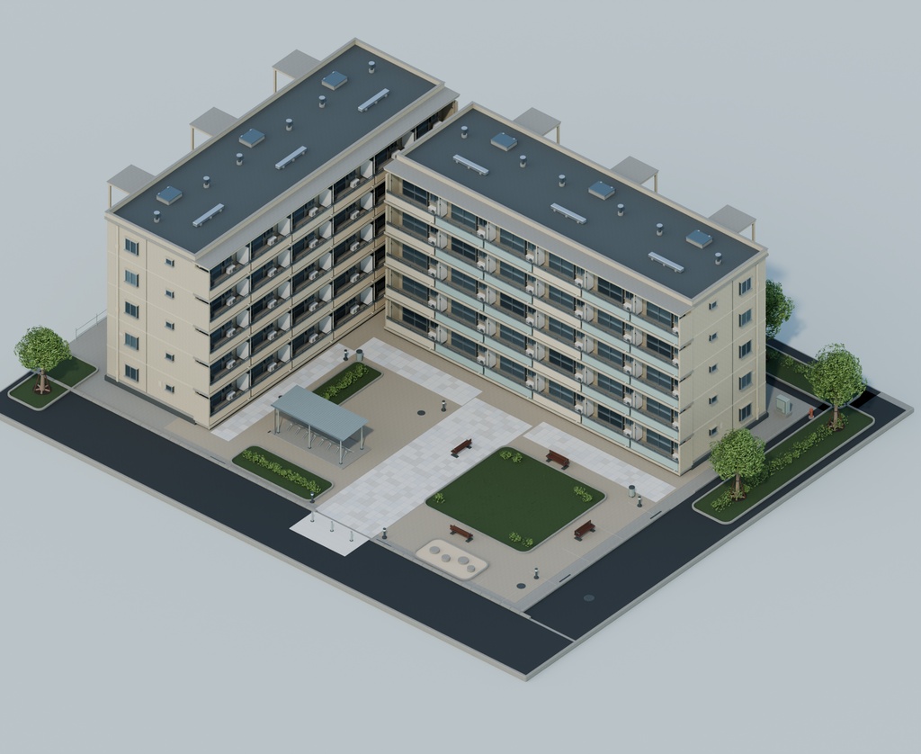 【FBX / Blender】こもれび団地 — 外装・中庭3Dモデル