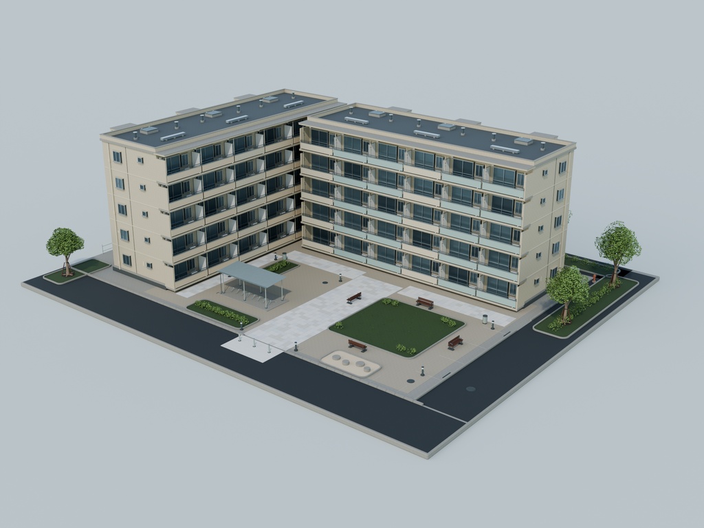 【FBX / Blender】こもれび団地 — 外装・中庭3Dモデル