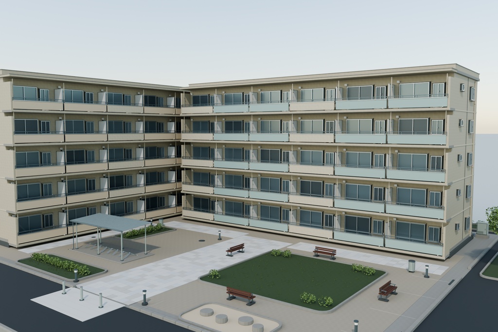 【FBX / Blender】こもれび団地 — 外装・中庭3Dモデル
