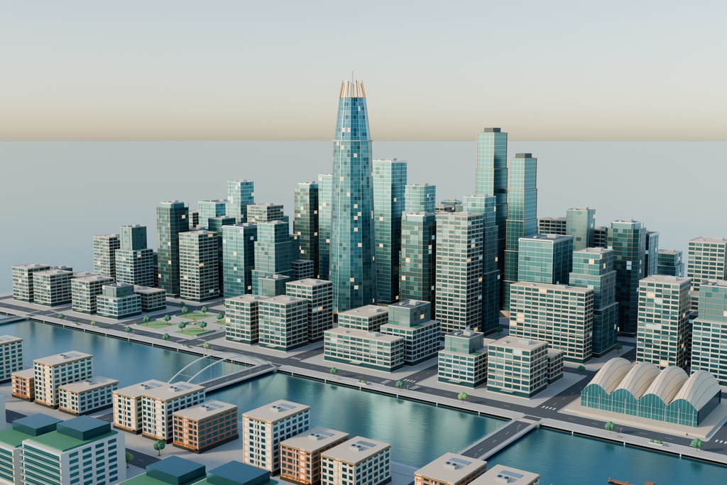 【期間限定価格】blender・FBX架空の港湾中心街 3Dモデル都市