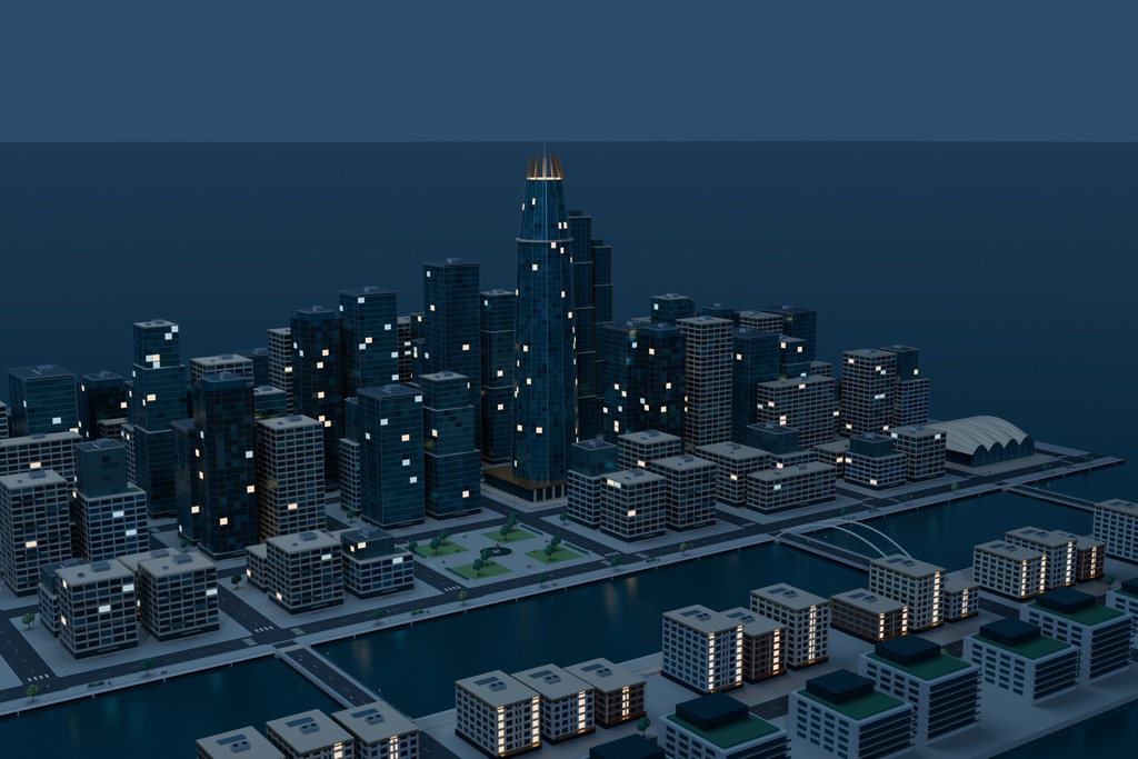 【期間限定価格】blender・FBX架空の港湾中心街 3Dモデル都市