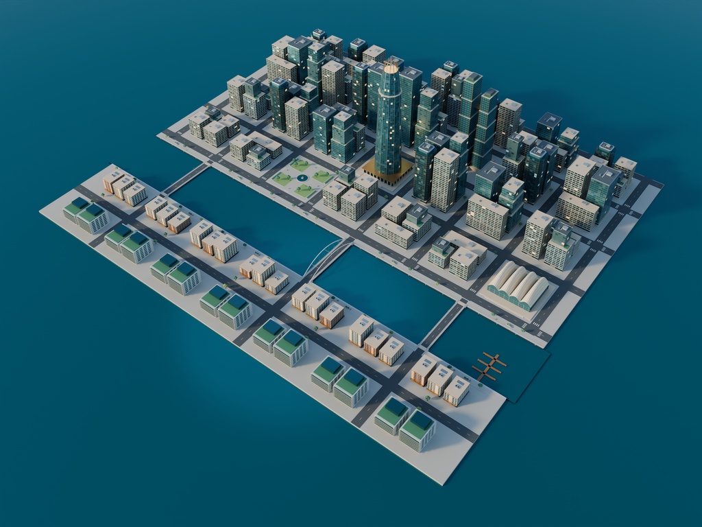 【期間限定価格】blender・FBX架空の港湾中心街 3Dモデル都市