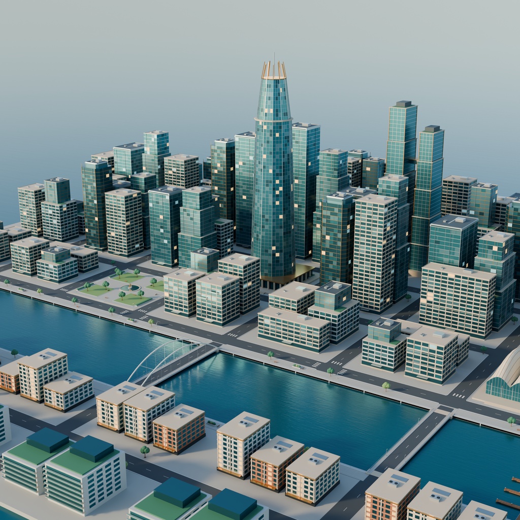【期間限定価格】blender・FBX架空の港湾中心街 3Dモデル都市